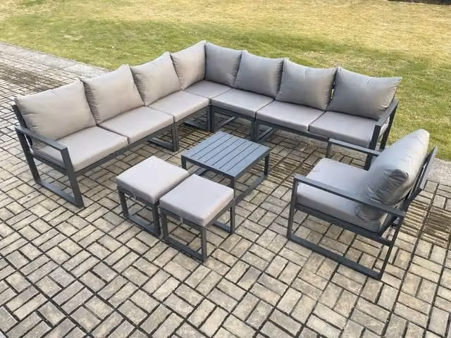 Fimous Powder Coated Aluminium L-Shape Outdoor Garden Furniture Set in Dark Grey with Corner Sofa, Armchair, Coffee Table and Two Ottomans