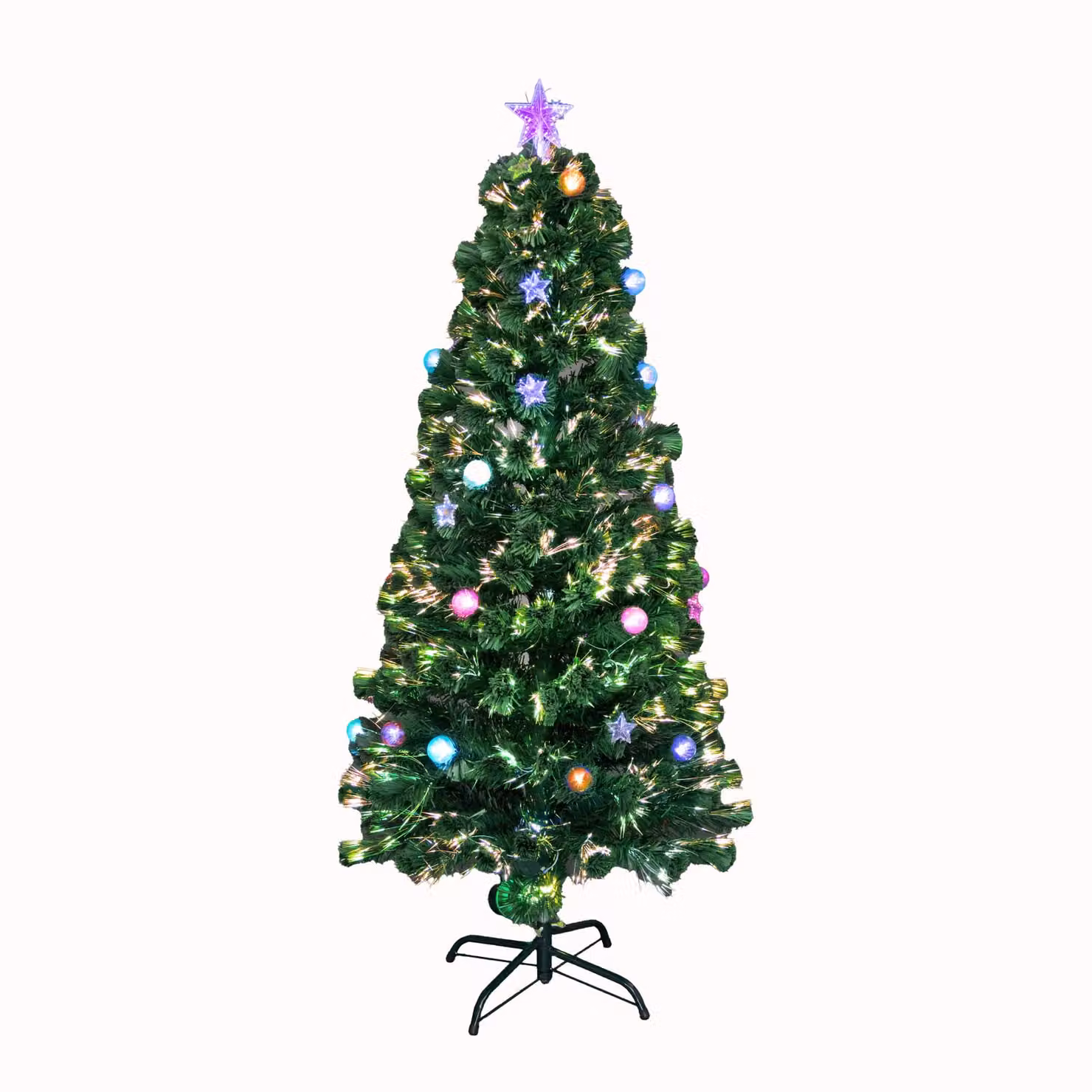 Shatchi Green Pre-Lit Fibre Optic Christmas Tree with Baubles and Stars, Height: 90 cm – 2