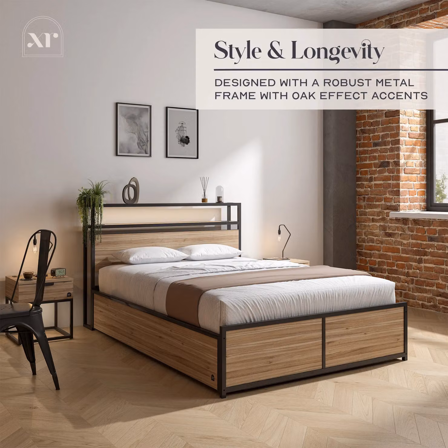 X Rocker Denver Double Ottoman Bed Frame with RGB LED Lighting and Wireless Charging in Oak and Black, W/D/H: 140 x 200 x 137.16 cm – 3