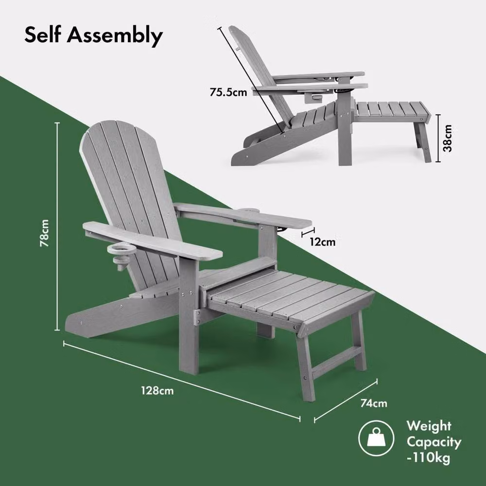 NESTLUNE Grey HDPE Reclining Adirondack Garden Chair with Ottoman – 2