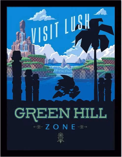 Sonic the Hedgehog Visit The Lush Green Hill Zone Framed Paper Poster in Blue – 1