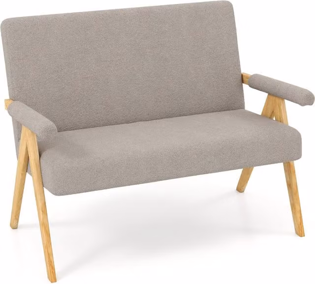 Costway Mid-Century Grey Fabric Upholstered Loveseat Sofa with Foam Padding and Wood Frame