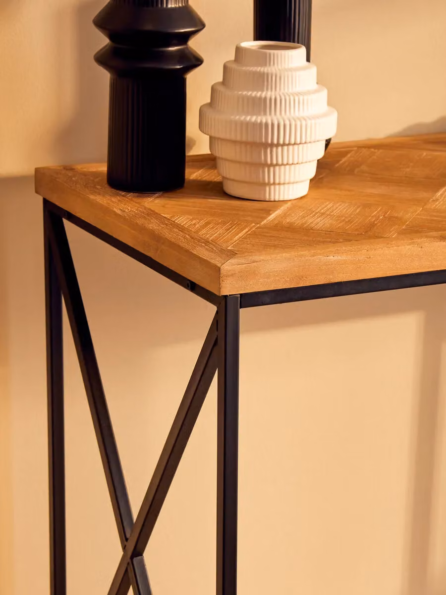 Orsina Modern Rectangular Console Table with Natural Parquet Wood Top in Black, Sand and Brown, W/D/H: 120 x 40 x 74 cm – 2