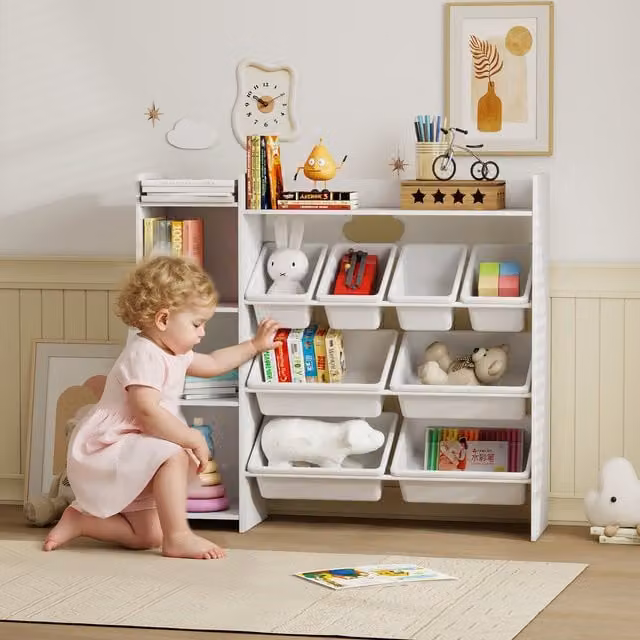 AIYAPLAY White Toy Storage Unit with 8 Shelves and Back Panel