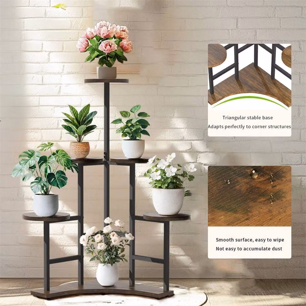 EONLION 6 Tiered Rustic Corner Plant Shelf in Black and Brown with Metal and Wood Construction, W: 100 cm, H: 180.5 cm – 3
