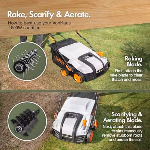 VonHaus Electric Lawn Scarifier, Aerator and Rake in Grey with 38cm Working Width and 55L Collection Box – 2
