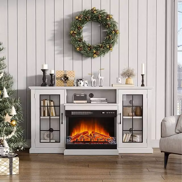 Livingandhome Modern White Matt Recessed Electric Fireplace TV Cabinet with Adjustable Flame and Brightness