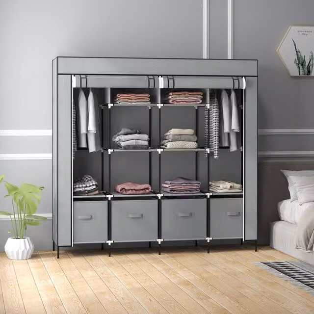 HOMCOM Large Fabric Wardrobe Closet in Grey with 10 Compartments and 2 Rails, H 166.0 cm x W 169.5 cm – 1
