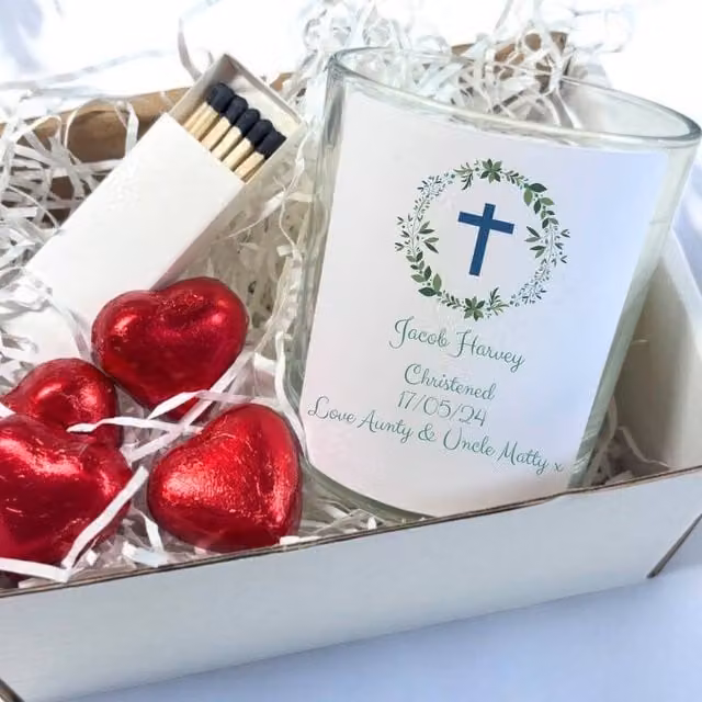 Aye Do Gifts Personalised White Christening Candle Gift Set with Tealight and Floral Glass Holder