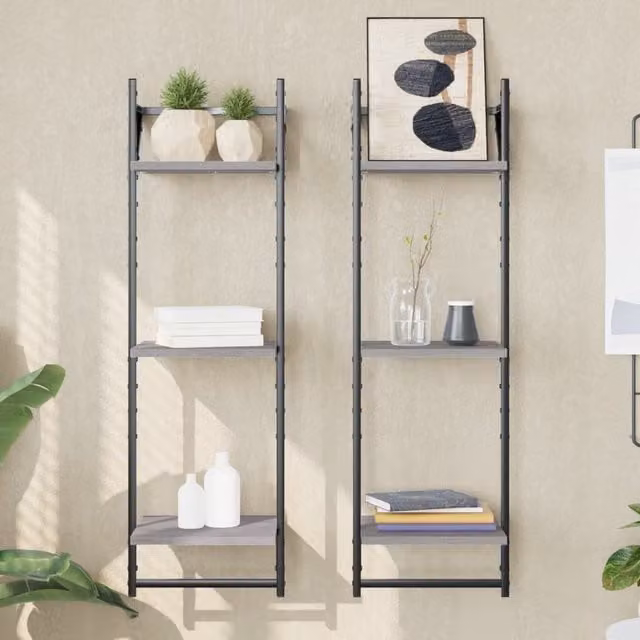 Berkfield Home 3-Tier Wall Mounted Shelves with Hanging Rods, 2 Pack, Grey Sonoma, W/D/H: 30 x 25 x 100 cm