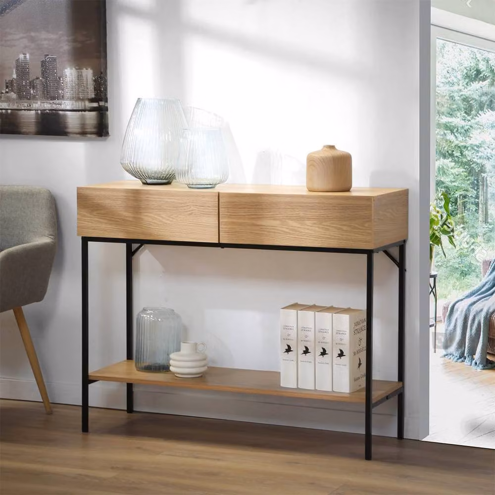 CALICOSY Industrial Console Table with 2 Drawers and 1 Shelf in Light Brown, W: 100 cm, D: 35 cm, H: 81 cm – 2