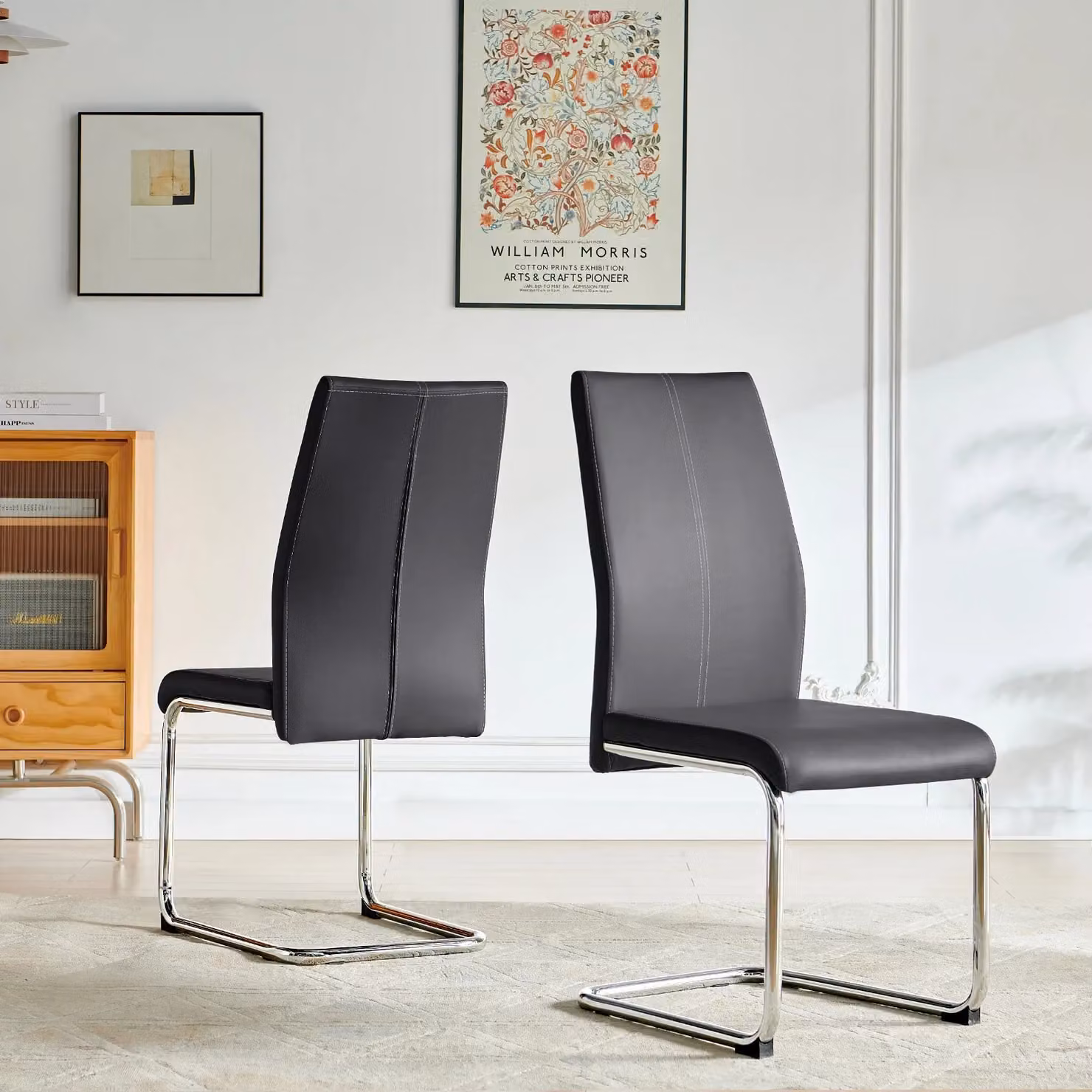 SONARA Set of 4 Modern Faux Leather Dining Chairs with Chrome Metal Cantilever Legs in Black and Grey – 2