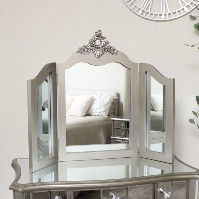 Melody Maison Tiffany Range Ornate Triple Dressing Table Mirror in Silver