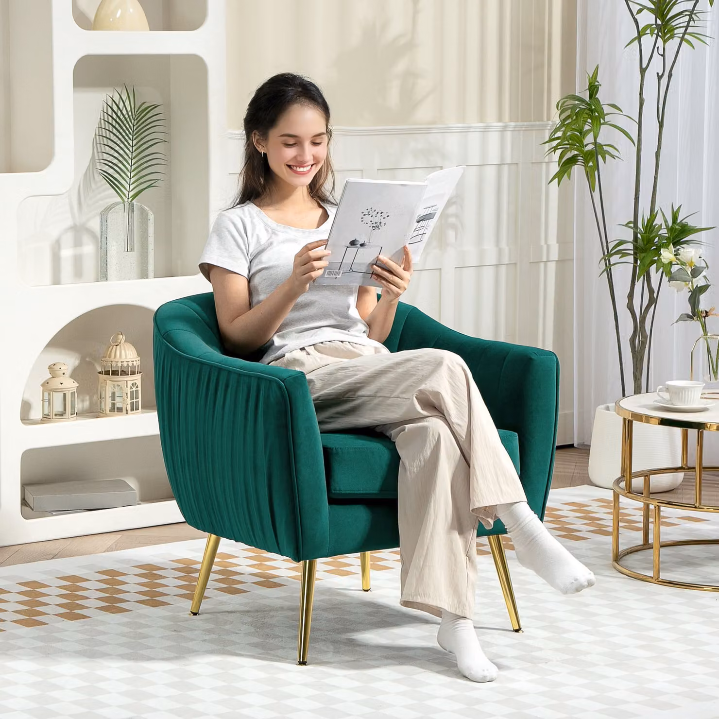 HOMCOM Green Velvet Tub Armchair with Metal Frame and Armrests – 2