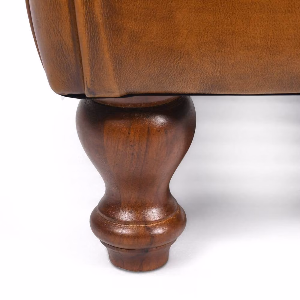 Elm Home And Garden Genuine Real Leather Buttoned Rectangular Footstool Ottoman in Brown Tan – 3