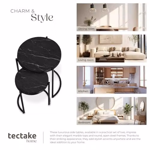 tectake Set of 2 Round Nesting Coffee Tables in Black Marble Look with Height-Adjustable Metal Frames – 7