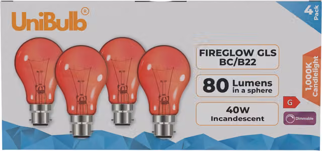 UniBulb Fireglow 40W B22 Decorative Candlelight Glass Bulb in Red and Orange, Pack of 4