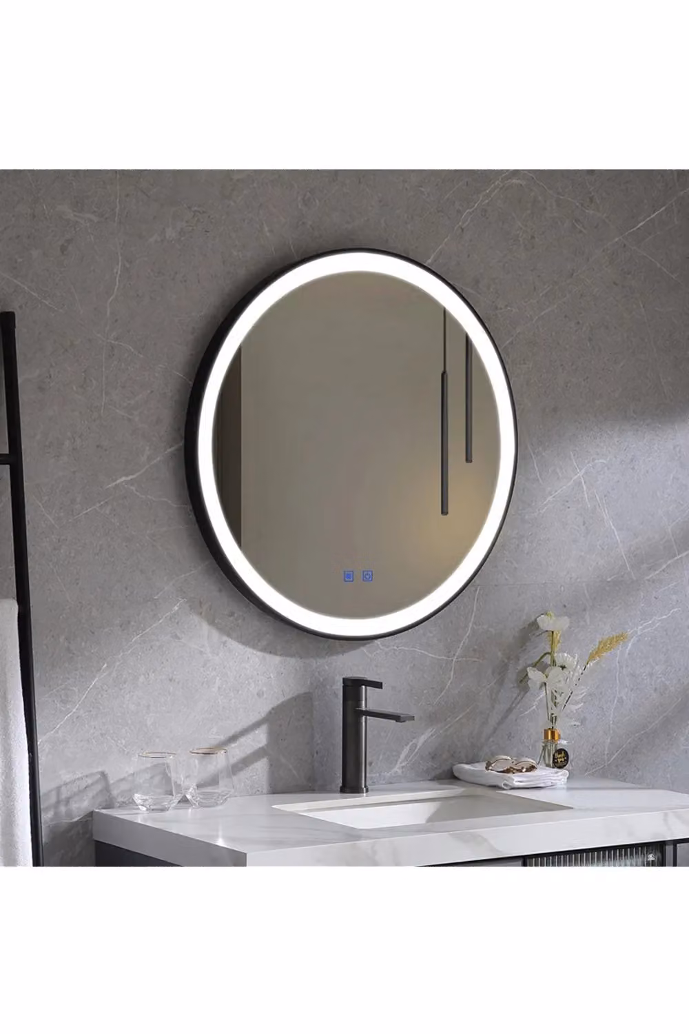 Living and Home Round Metal Framed LED Bathroom Wall Mirror in Black, Diameter: 80 cm – 4