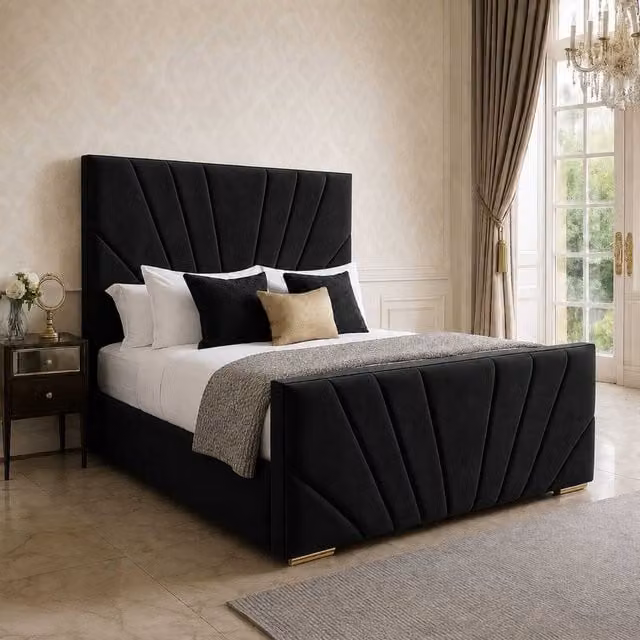 K Mehmood Enterprise Ltd Elegance Modern Upholstered Velvet Bed Frame with Geometric Headboard and Footboard in Black