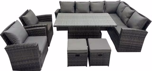 Fimous 10 Seat Rattan Garden Furniture Corner Sofa Set with 2 Small Footstools in Dark Grey