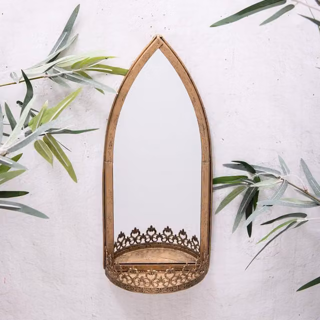 Annibells Gold Metal Vintage Round Garden Wall Mirror with Shelf, Diameter: 36 cm