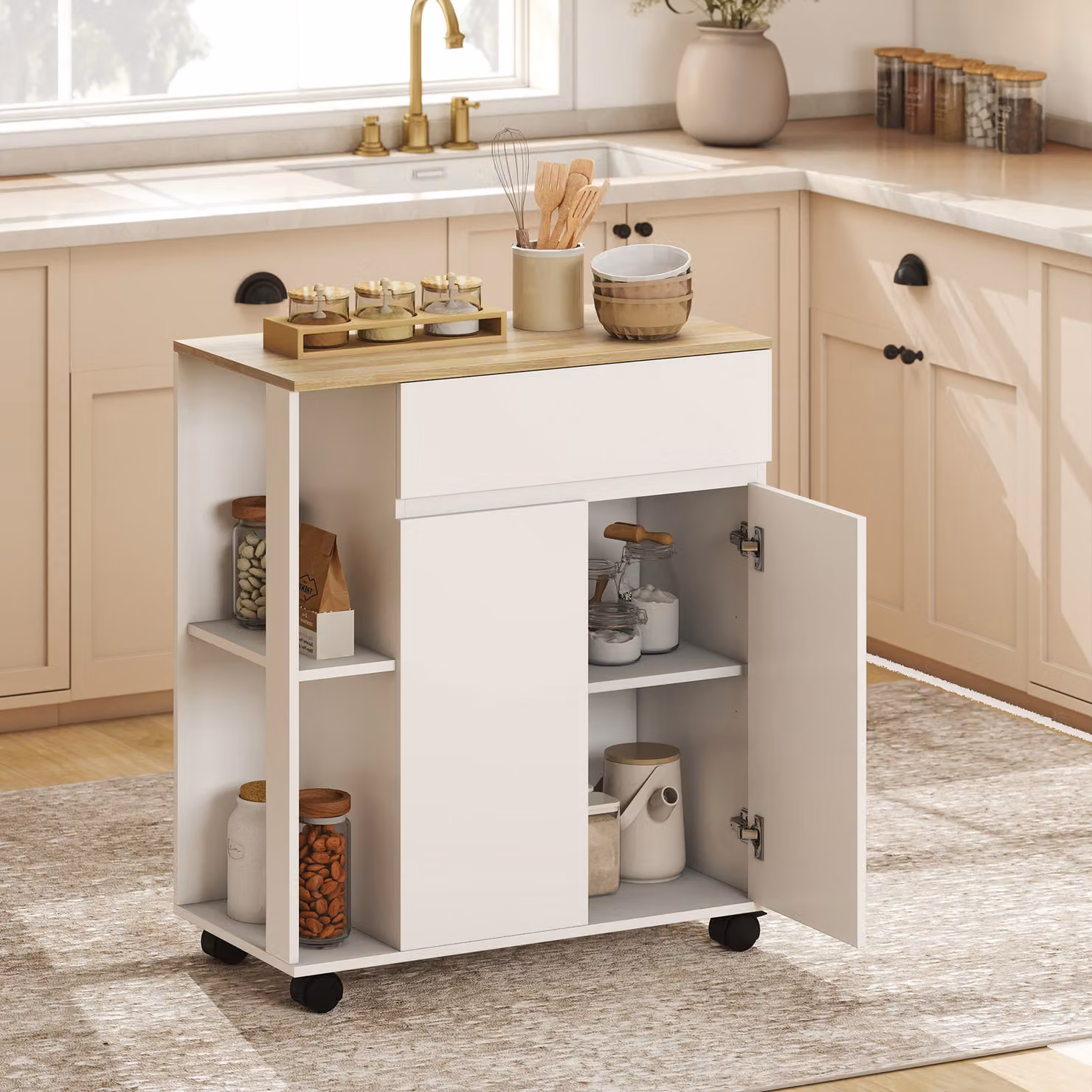 HOMCOM Modern Kitchen Storage Trolley Cart with Cabinet, Drawer and Open Shelves, White – 2