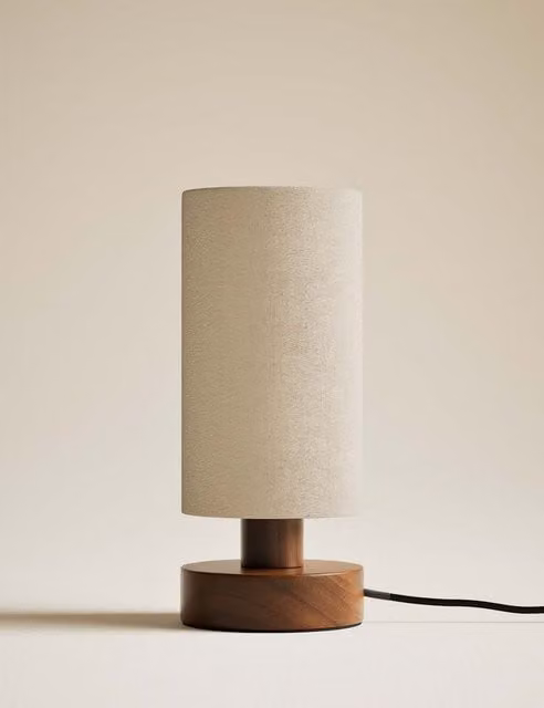 M&S Modern Brown Wooden Table Lamp with Beige Fabric Shade
