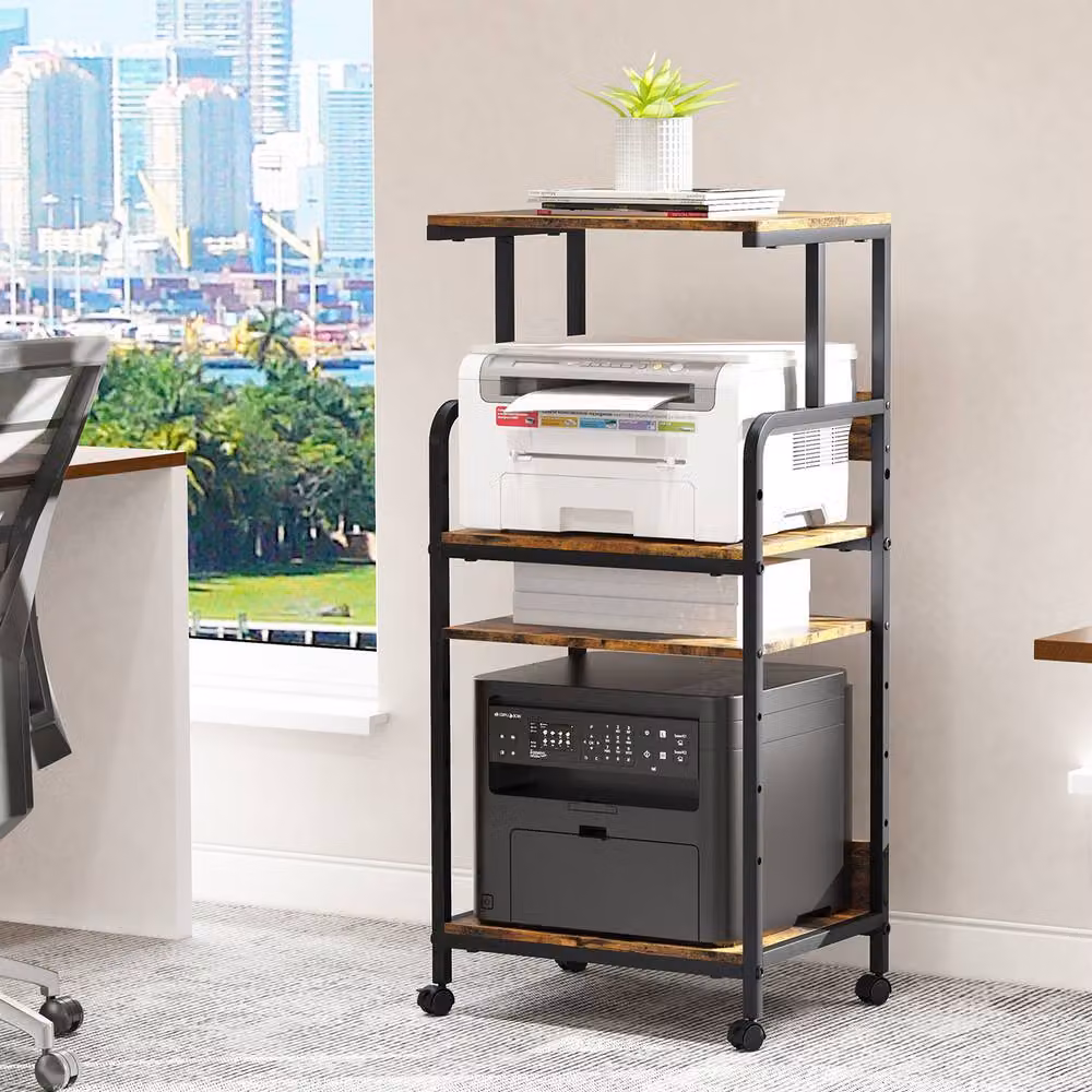 Huhote 4-Tier Printer Stand with Adjustable Storage Shelves and Locking Wheels, Brown – 2