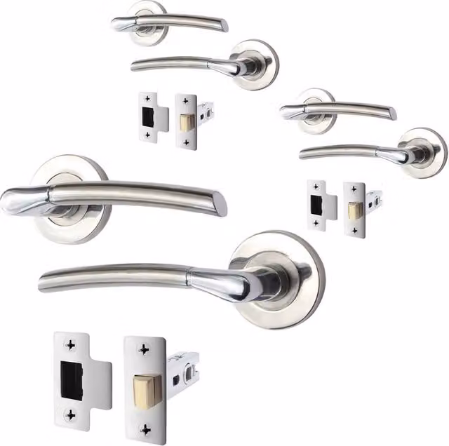 AFIT Chrome Door Handle Set, Satin Nickel Feature Lever with Latch, 3 Pack, Silver, W/H: 15.0 x 15.0 cm
