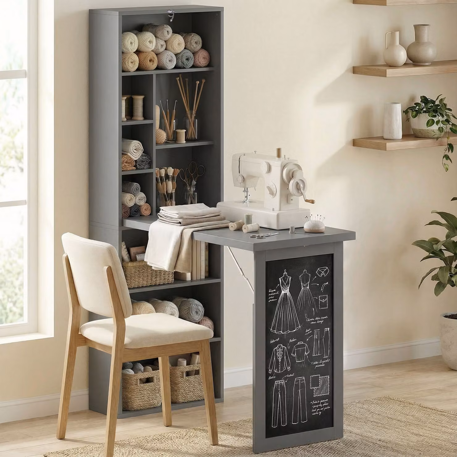 HOMCOM Grey Fold-out Convertible Secretary Writing Desk with Blackboard and Side Shelf, Wall Mount Home Office Workstation – 7