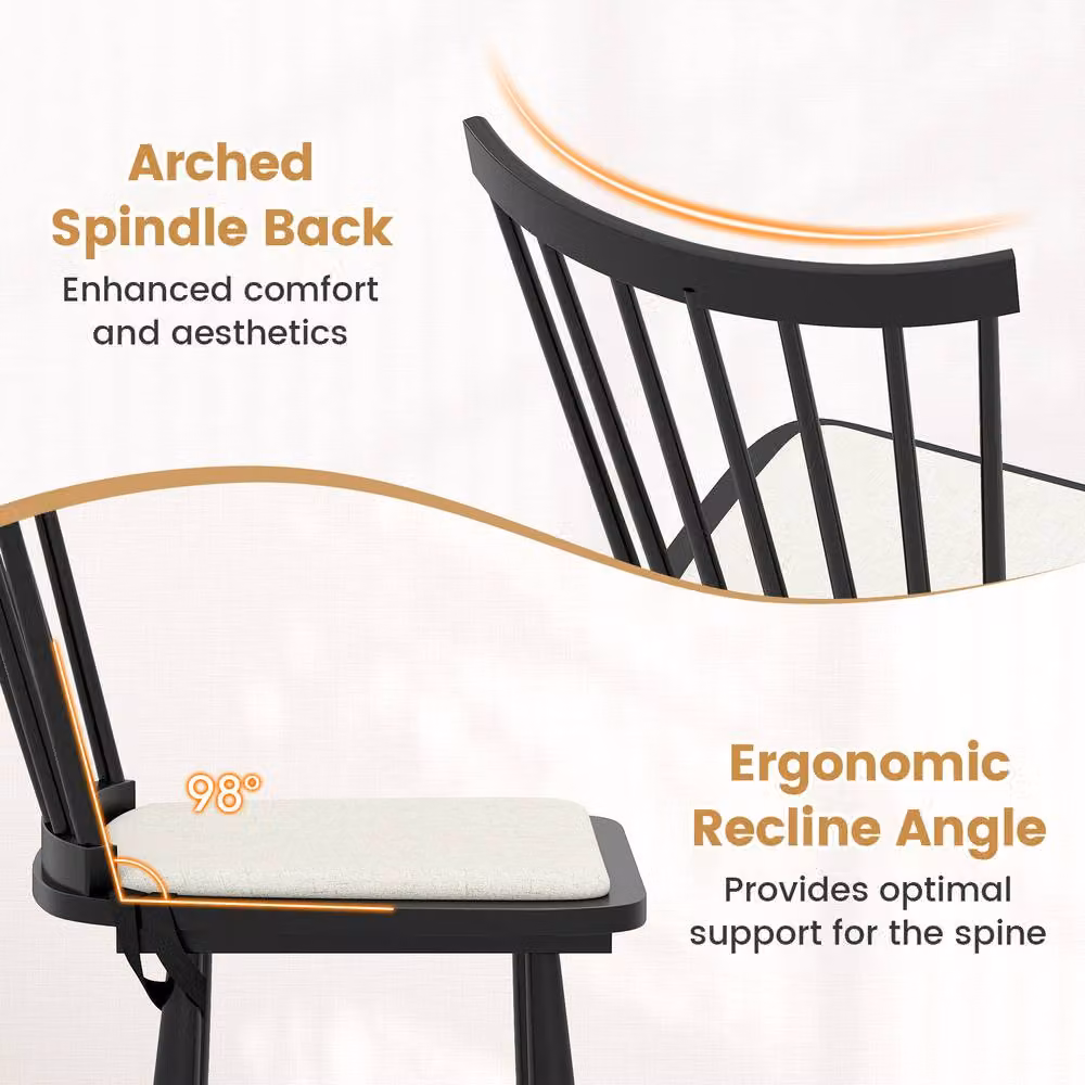Costway Set of 2 Windsor Wooden Dining Chairs with Removable Fabric Seat Cushions in Black – 4