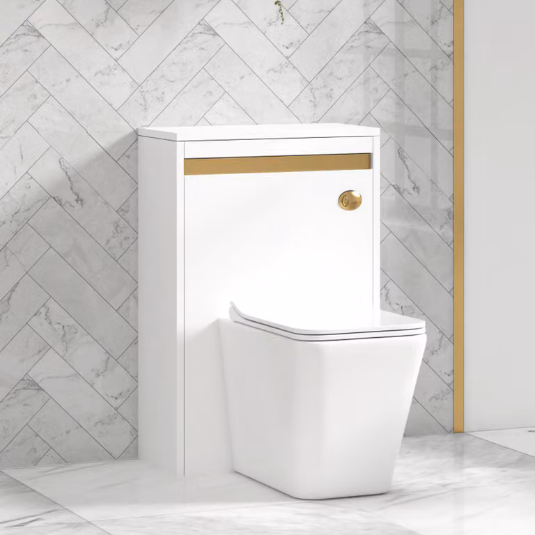 Orion Matt White Wall Mounted Back to Wall WC Unit with Elena Rimless Ceramic Toilet Pan, Slim Soft Close Seat and Cistern with Brushed Brass Accent Trim, Width: 54 cm