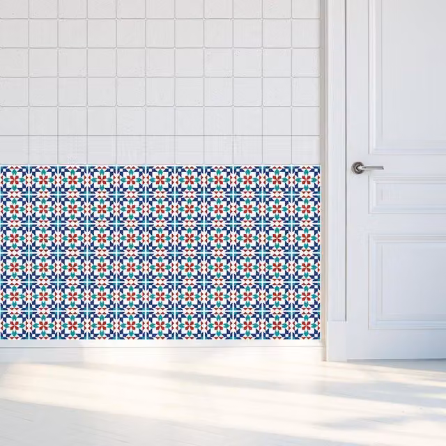 Walplus Red and Multicolour Mediterranean Geometric Square Adhesive Wall Tile Stickers, 24 Pack, W/D/H: 10 x 10 x 10 cm