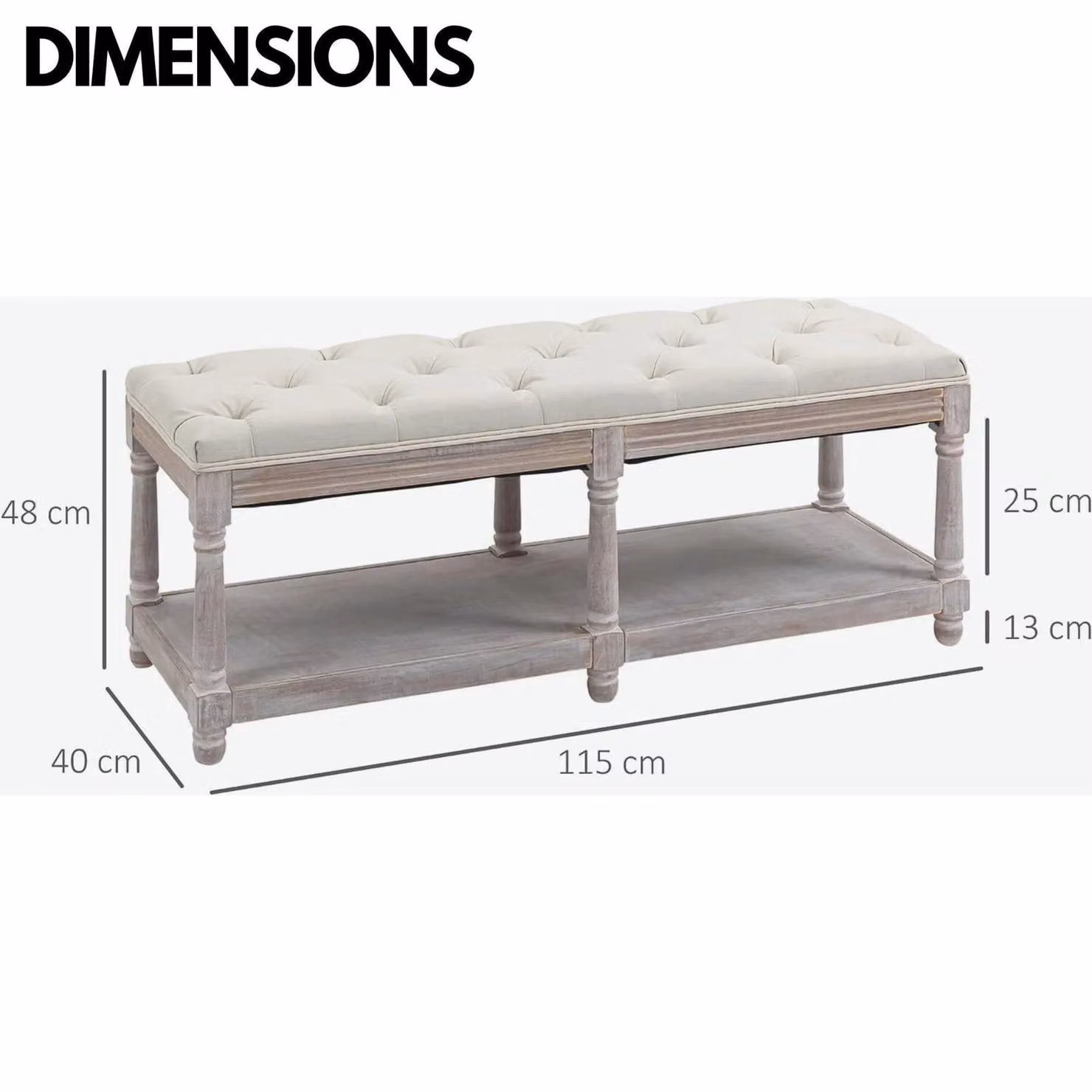 Rafaelo Mobilia Upholstered Wooden Bench Seat with Shoe Rack Shelf in Cream White and Light Brown, W/D/H: 120 x 40 x 48 cm – 4