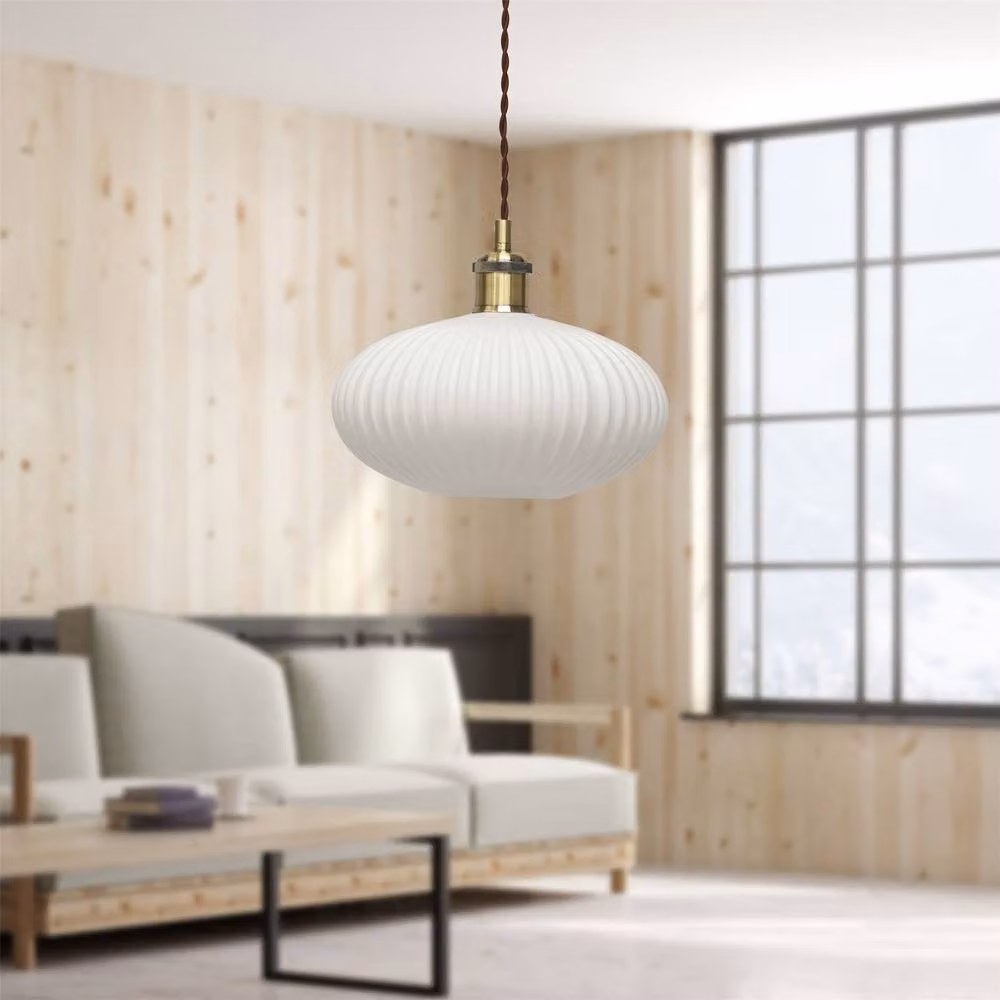 First Choice Lighting Baton Retro Pendant Fitting with White Ribbed Oval Glass and Antique Brass Finish – 2