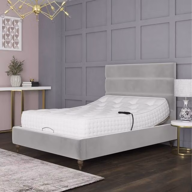 Penelope Premium Motorised Electric Adjustable Bed Frame in Silver Grey Velvet, W/D/H: 200 x 200 cm
