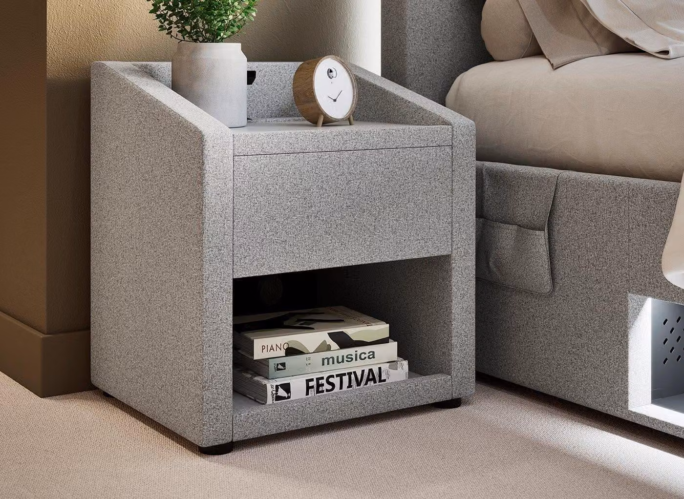 Dreams Quantum Gaming USB Charging Bedside Table in Grey with Integrated Lighting and Media Compartments