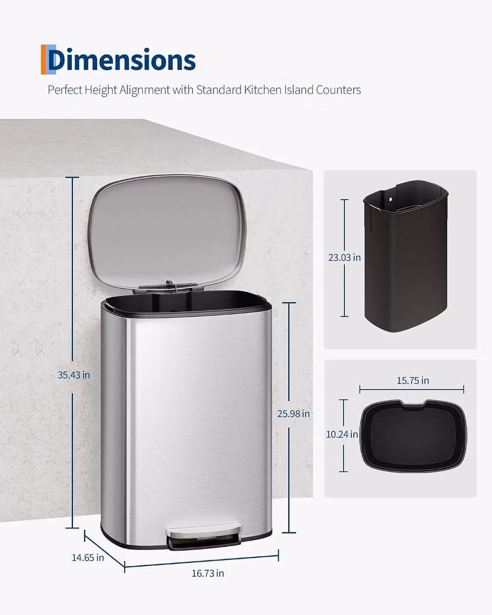 London Boutique Stainless Steel Step-On Kitchen Bin Set with Lids, Silver, 50L and 10L – 2