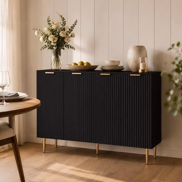 STILVORA Modern Black Sideboard with Adjustable Shelves and Metal Legs W/D/H: 120 x 40 x 90 cm