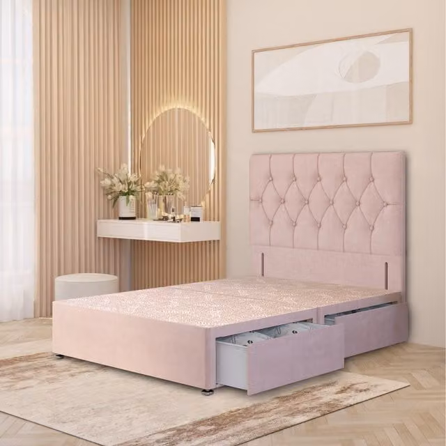 Somnior Beds Ltd Chesterfield Velvet Divan Bed Base with 54 inch Floor Standing Headboard and Drawers in Pink, W/D/H: 90 x 190 cm