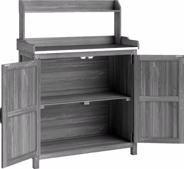 Outsunny Wooden Potting Bench Table with Aluminium Worktop, Grey Outdoor Garden Workbench with Top Shelf and Cabinet Storage – 1