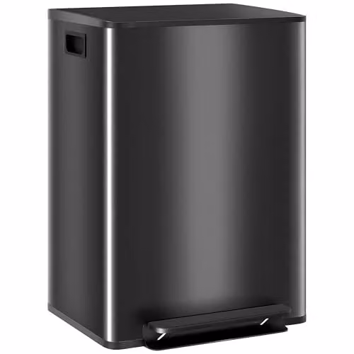 HOMCOM Dual Kitchen Bin, 2 x 30L Stainless Steel Double Pedal Bin with Soft-Close Lid and Removable Inner Buckets, Black – 1