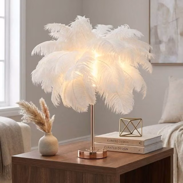 Garden Greatness Maison Feather Smart Touch Tabletop Lamp in Multicolour and White with Gold/Brass Metal Accents