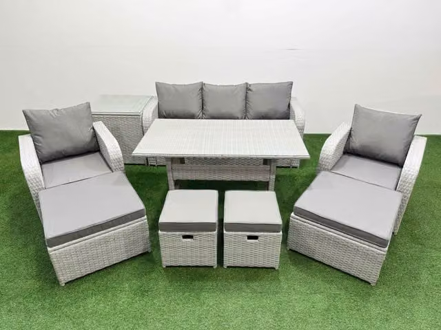 Fimous 9 Seater PE Rattan Lounge Sofa Set with Galvanised Steel and Glass in Light Grey