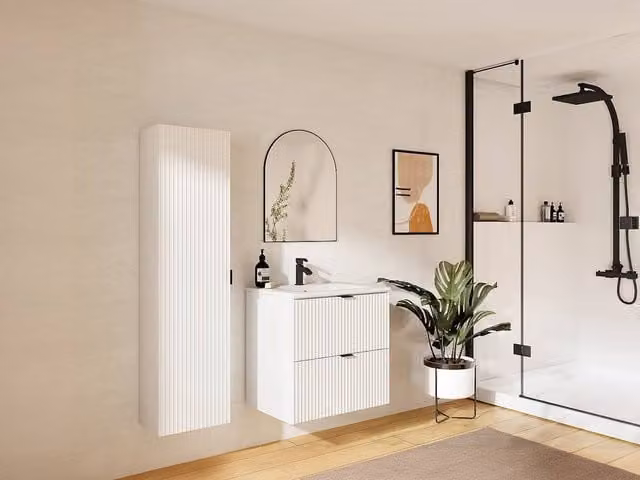 ZEVINI Ribbed Suspended Bathroom Column in Matte White, H 140 x W 35 x D 25 cm
