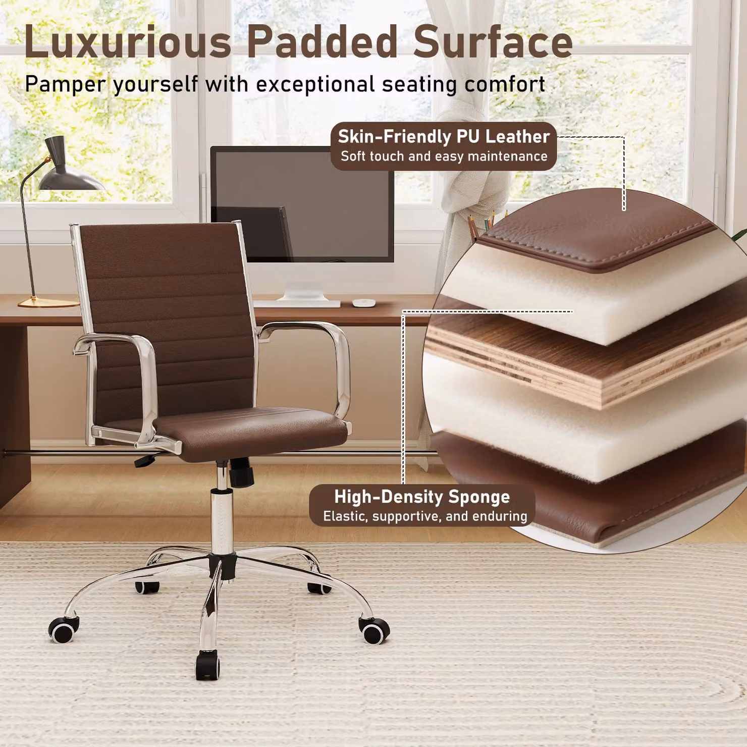 Costway Brown Synthetic Leather Swivel Office Chair with Armrests and Castors – 6