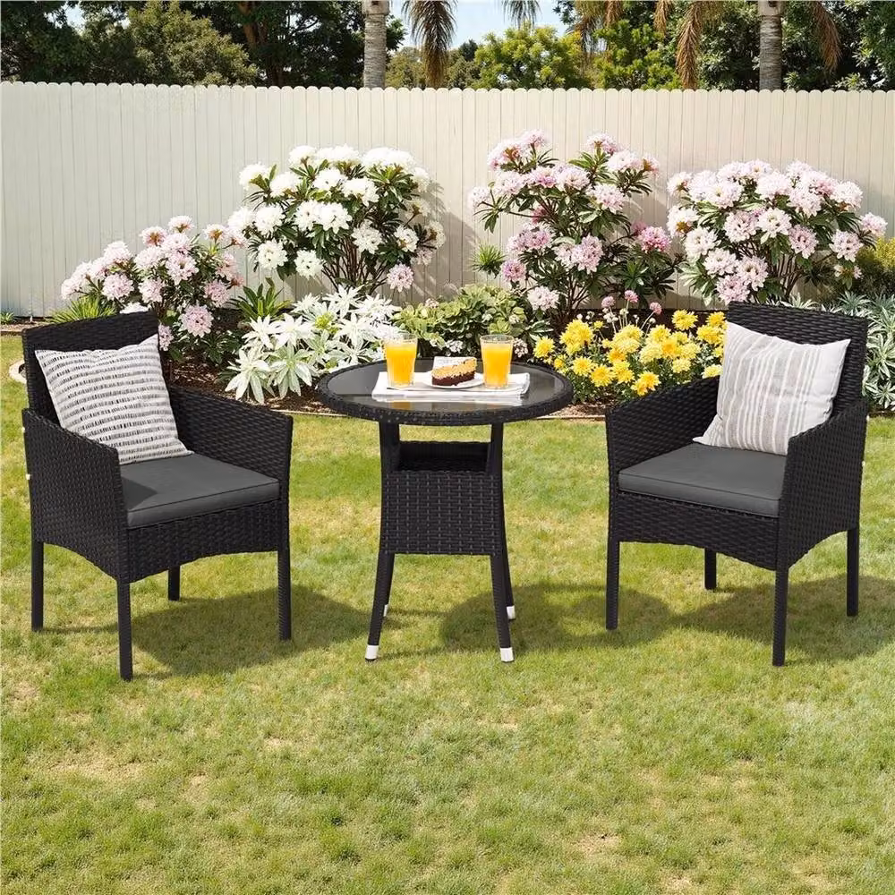 Kelvenix 3-Piece Modern Rattan Garden Furniture Set in Black and Grey – 3