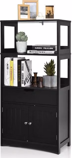 Costway Black Wooden Tall Freestanding Bathroom Floor Cabinet with 2 Open Shelves and Internal Storage