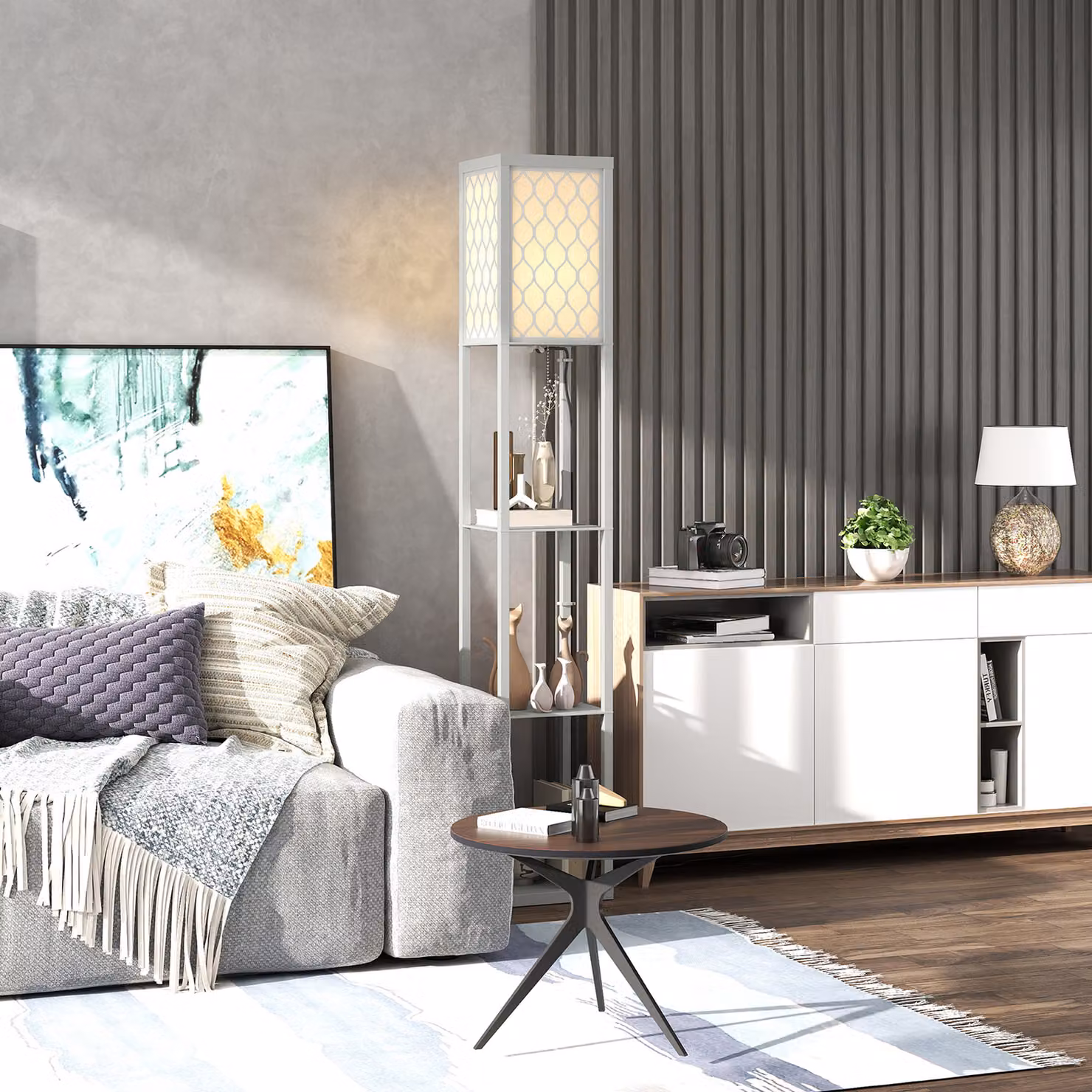 HOMCOM Three-Shelf Standing Floor Lamp in Grey and White with Wood and Metal Design – 6
