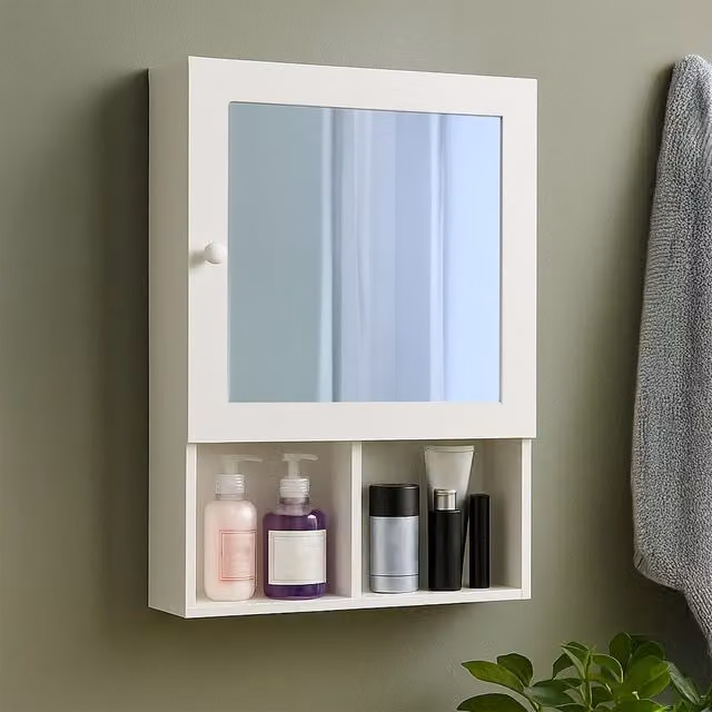 Orsina White Wood Minimalist Wall Mounted Mirrored Bathroom Cabinet, W/D/H: 40 x 15 x 56 cm